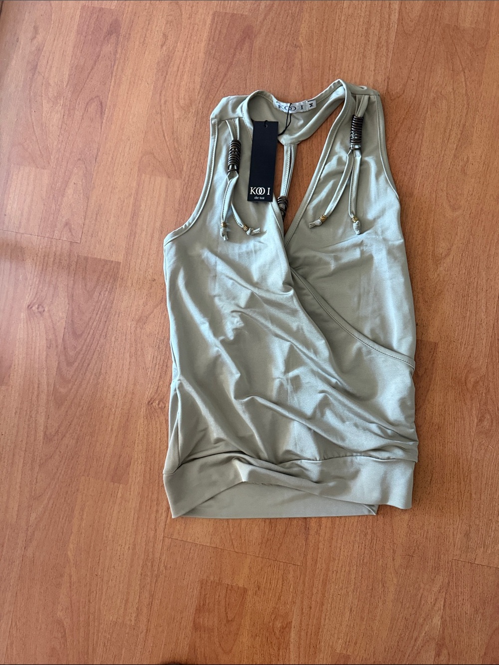 koi Olive Wrap-Front Sleeveless Tank with Neck Cord Detail